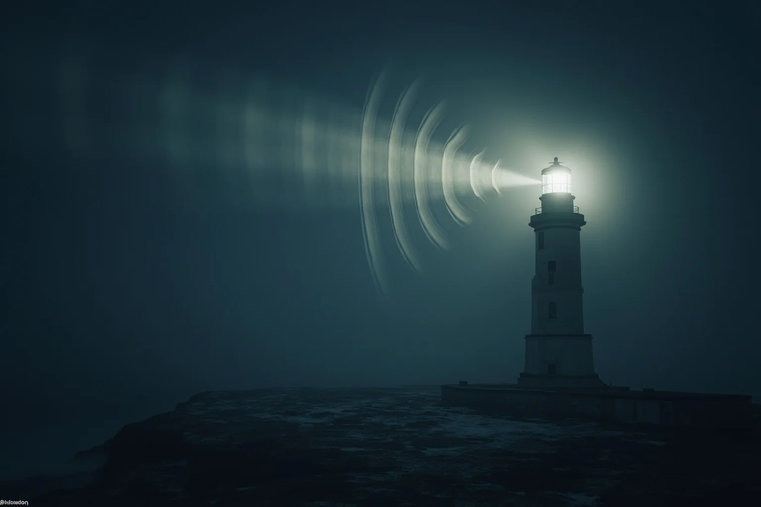 Strange History: Why Lighthouse Keepers Went Mad (Or Did They?) 5 A foggy coastal lighthouse at night with visible sound waves radiating from its foghorn, atmospheric painting