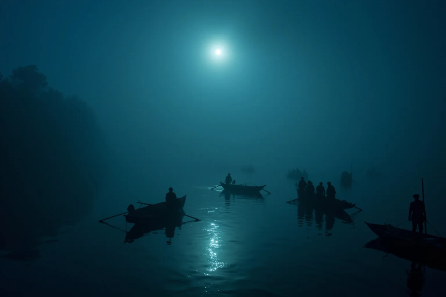 A foggy nighttime river crossing with silhouettes of soldiers in rowboats, colonial era atmosphere