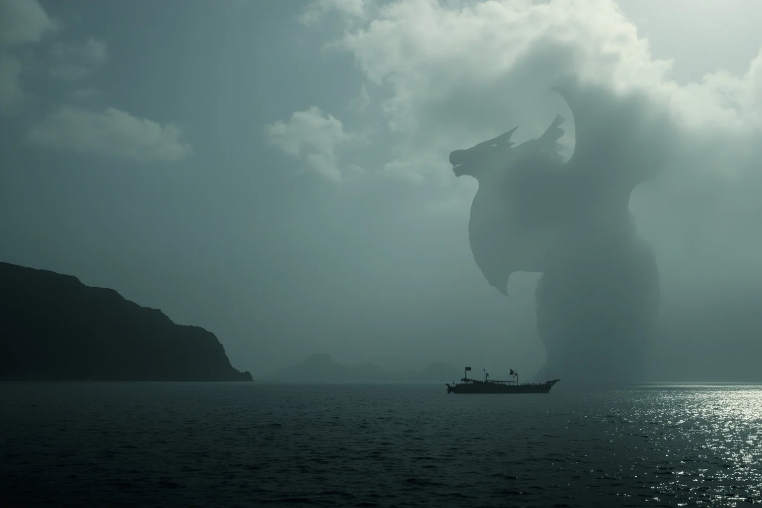 Myths That Defined Cultures: 20 Legends Born From True Events 11 A foggy Scandinavian coastline with a longship and a shadowy dragon silhouette in the clouds