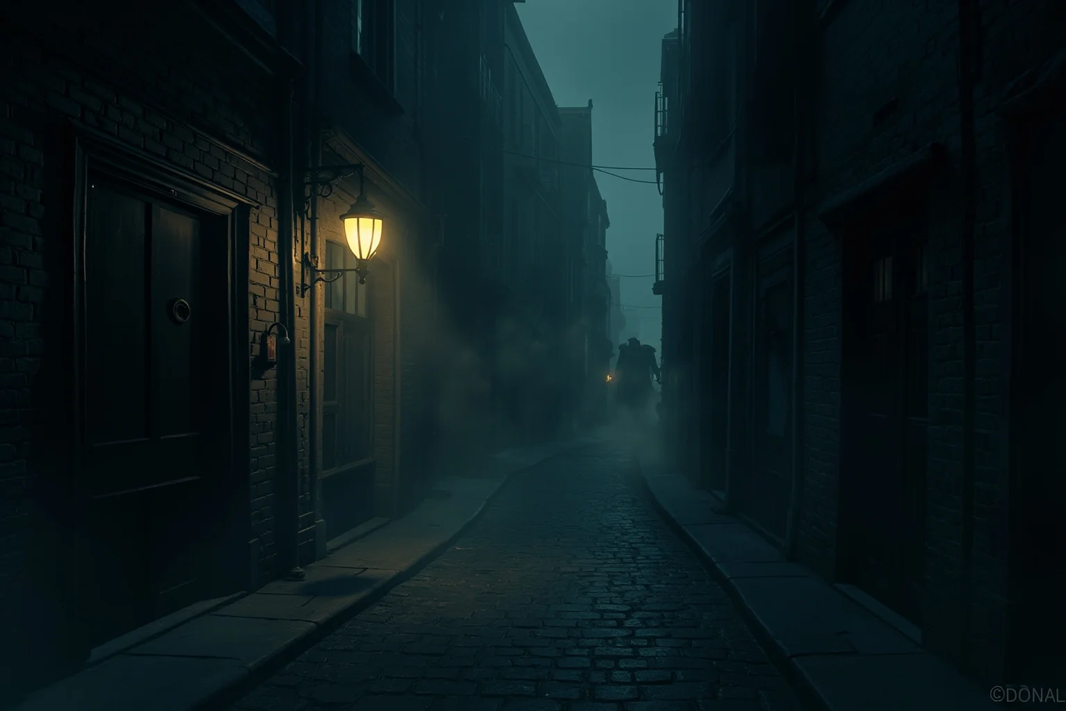 20 of the Most Mysterious People in History 7 A foggy Victorian London alley at night lit by gas lamp, empty cobblestones, ominous silhouette in the distance, illustrative style