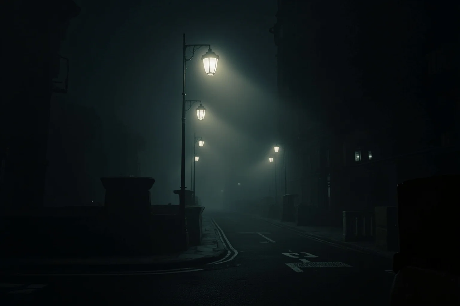 A foggy Victorian London street at night with gas lamps, evoking an unsolved 1888 mystery