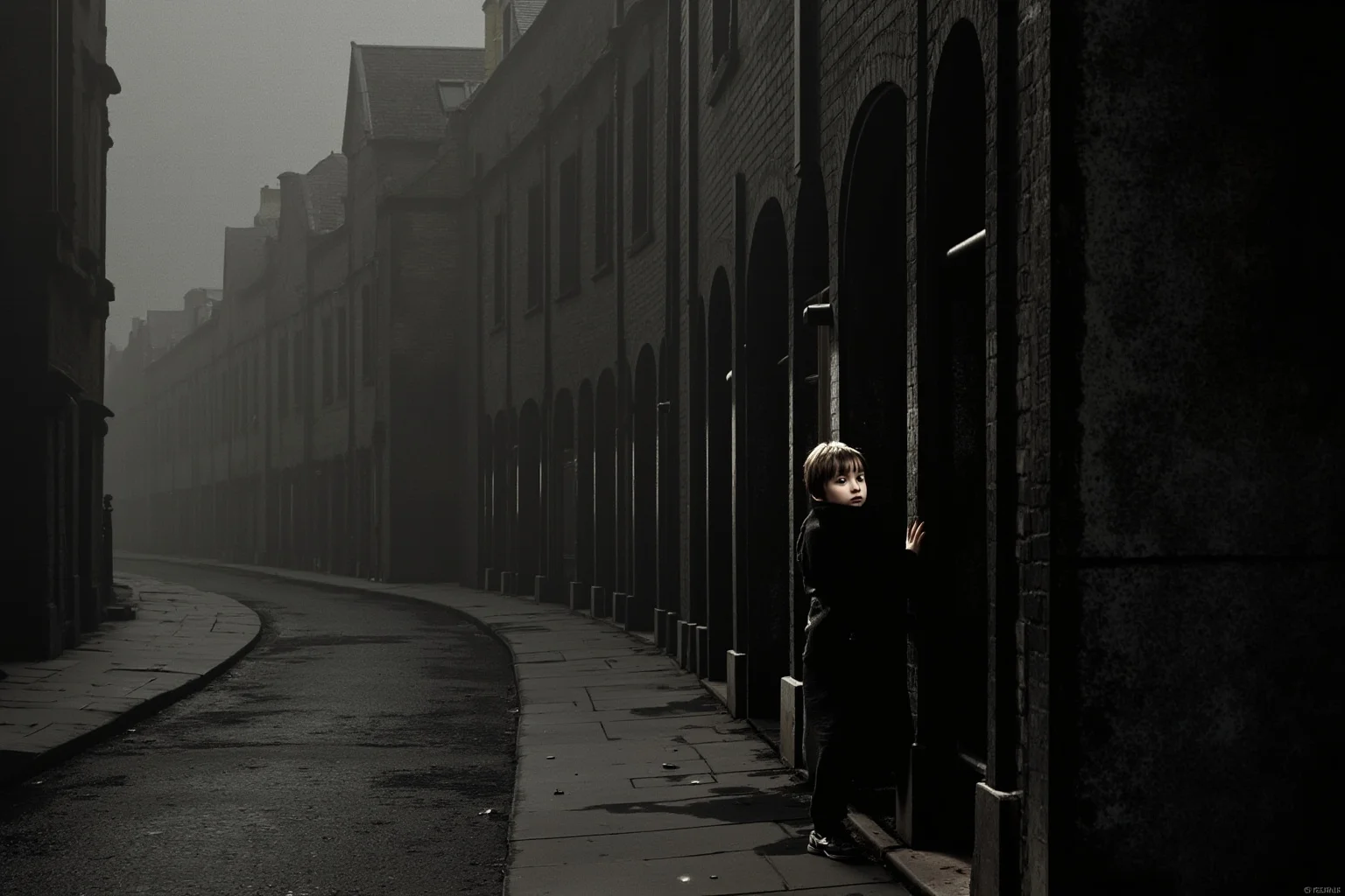 A foggy Victorian London street with a small child peering into a workhouse doorway, evoking early hardship