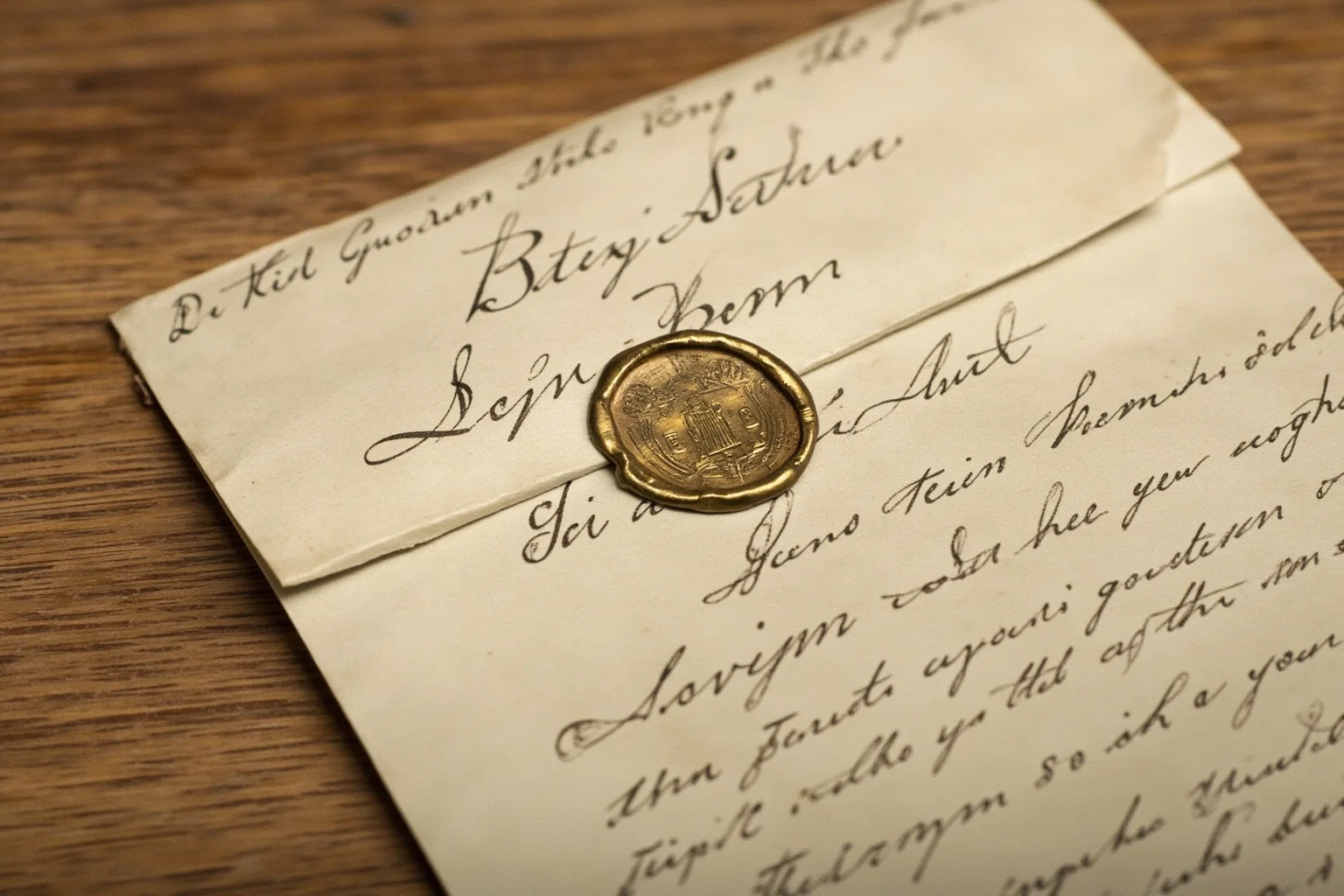 A folded 19th-century letter with an ornate wax seal and elegant European script signature, exile-era study setting