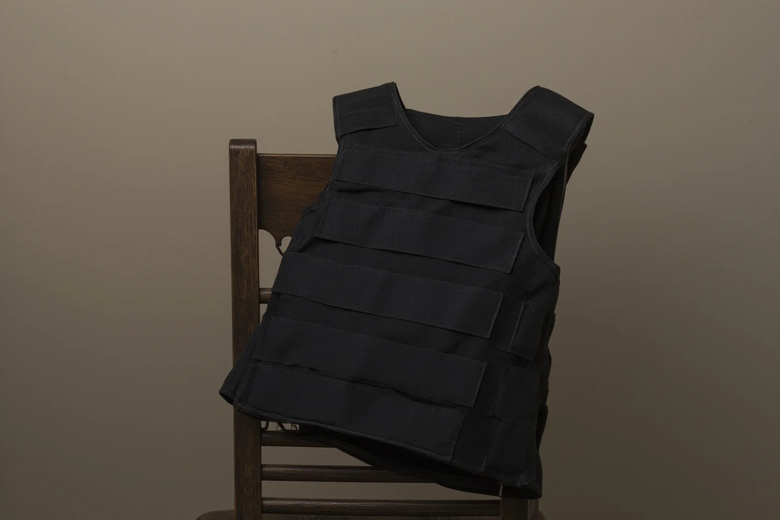 25 Disturbing Last Words By Notorious Criminals 10 A folded bulletproof vest resting on a wooden chair in an empty room, ironic and somber still life
