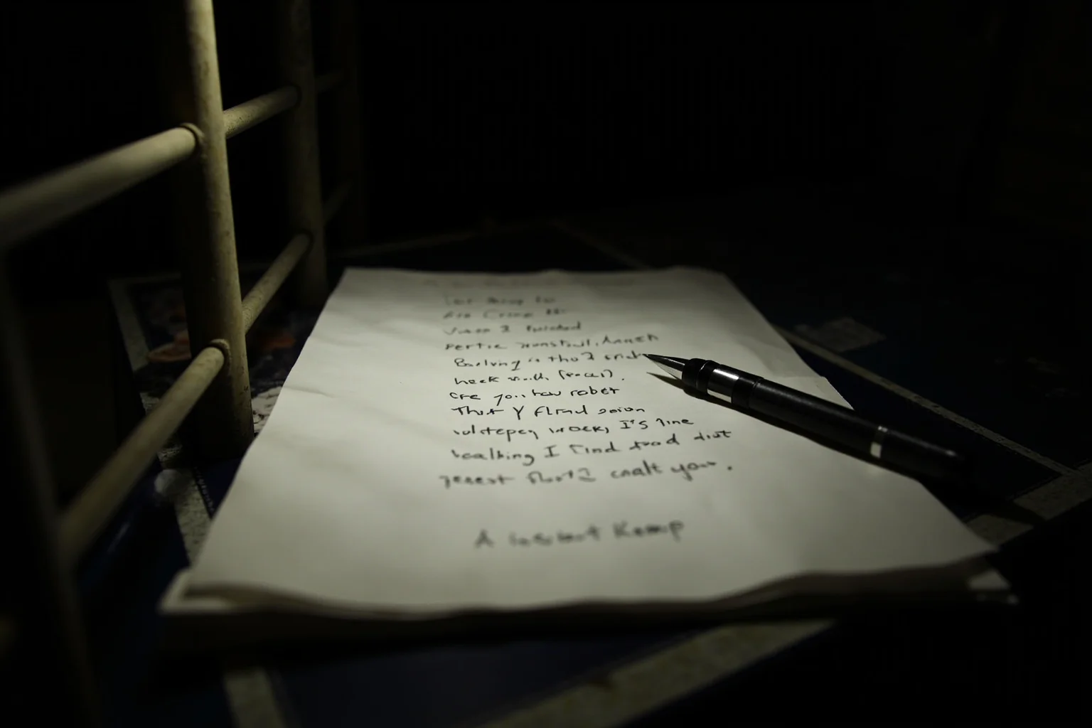 25 Disturbing Last Words By Notorious Criminals 18 A folded handwritten poem resting on a prison table beside a pen, dramatic overhead lighting, symbolic still life