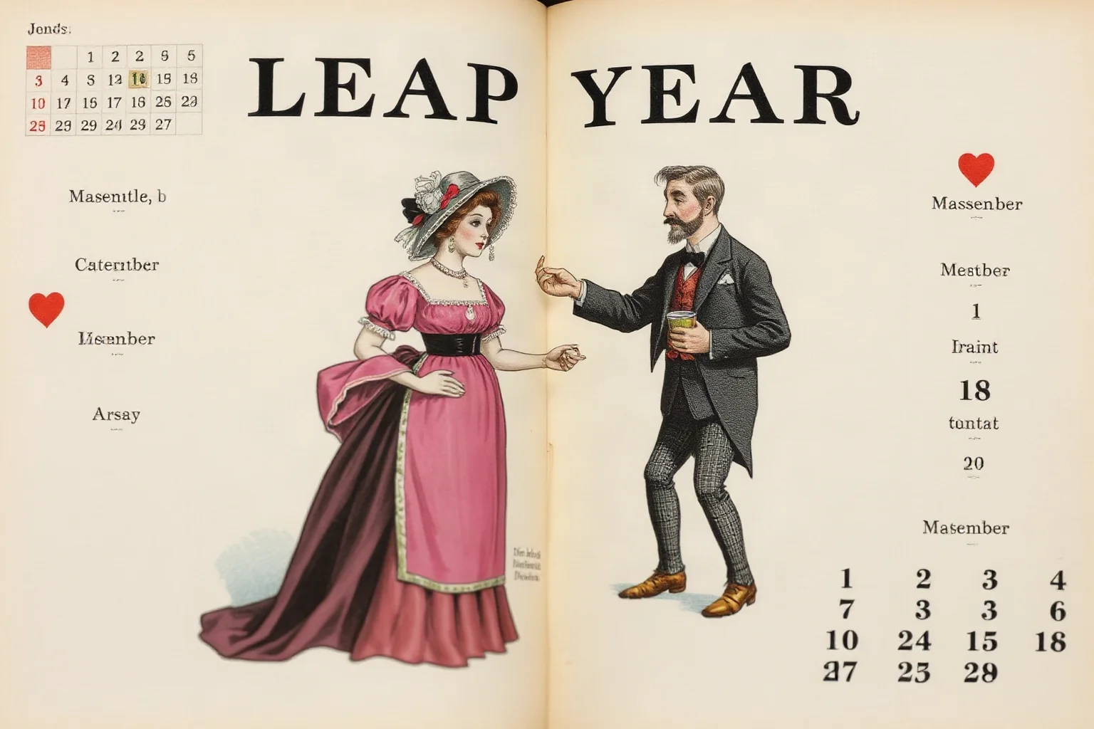 A folklore-style illustration of a Victorian woman offering a ring to a surprised man on a leap year calendar page