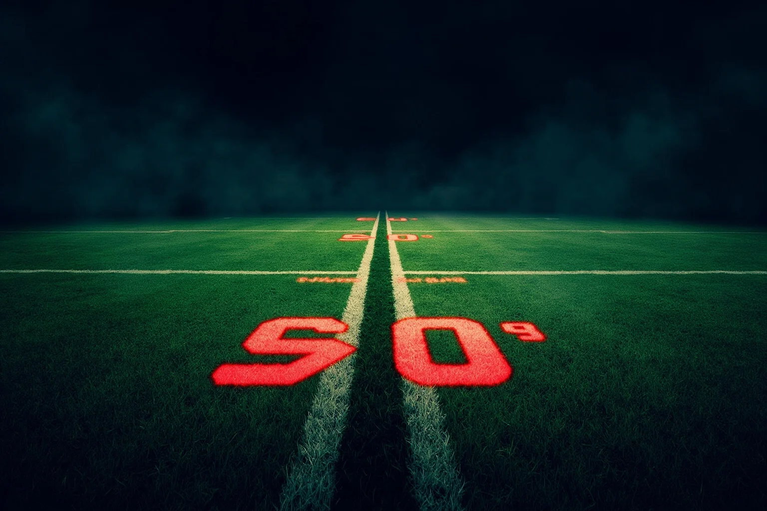 Longest Championship Droughts In Sport History 12 A football field with four yard-line markers glowing red, symbolizing four narrow championship losses, illustration