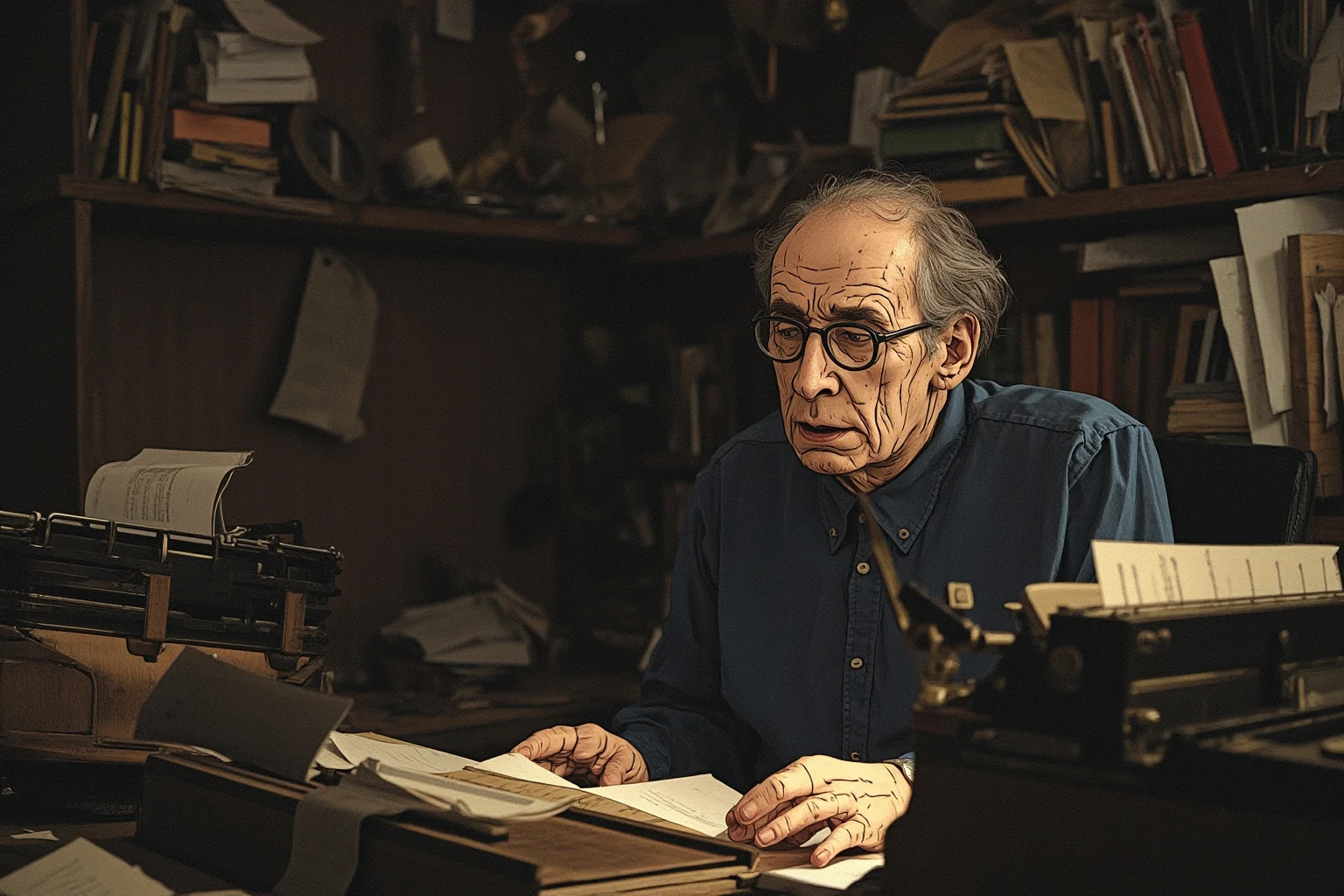 A forger at a cluttered desk in 1980s Germany, surrounded by aged paper and old typewriters, illustrated moodily