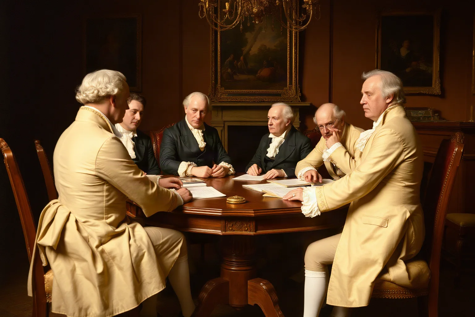 A formal 18th-century meeting room with several men in period coats seated around a table discussing documents