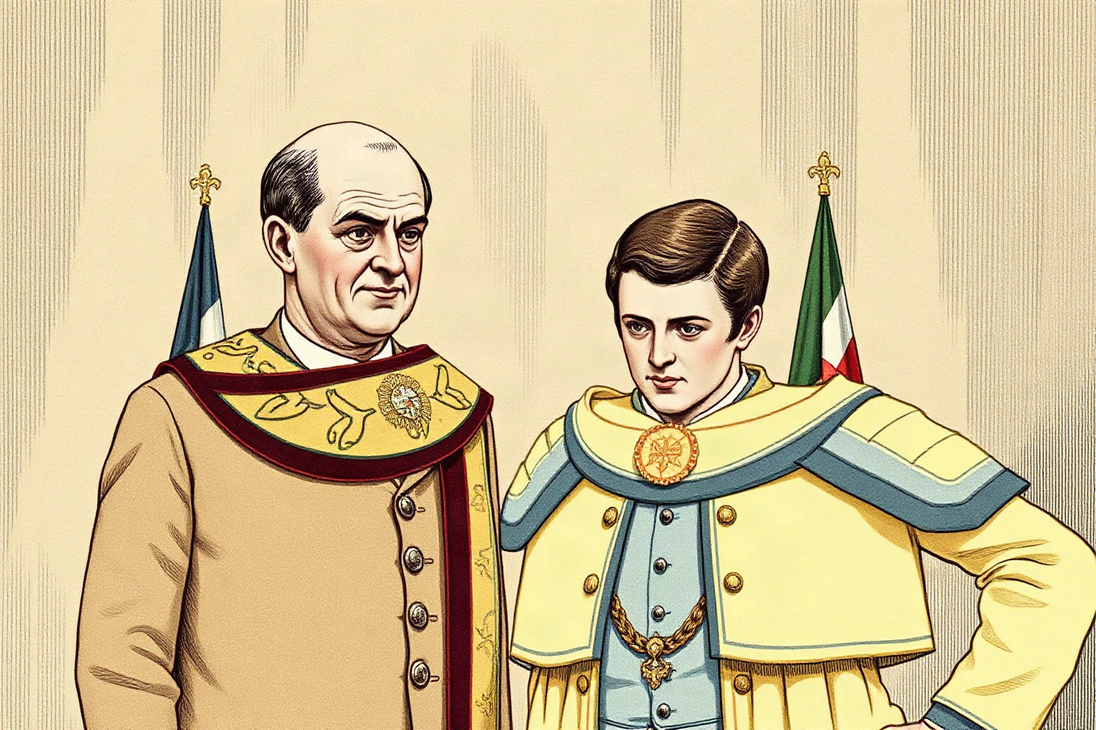 A formal 1900s illustration of two men in suits standing together after a ceremonial oath, one older and one younger