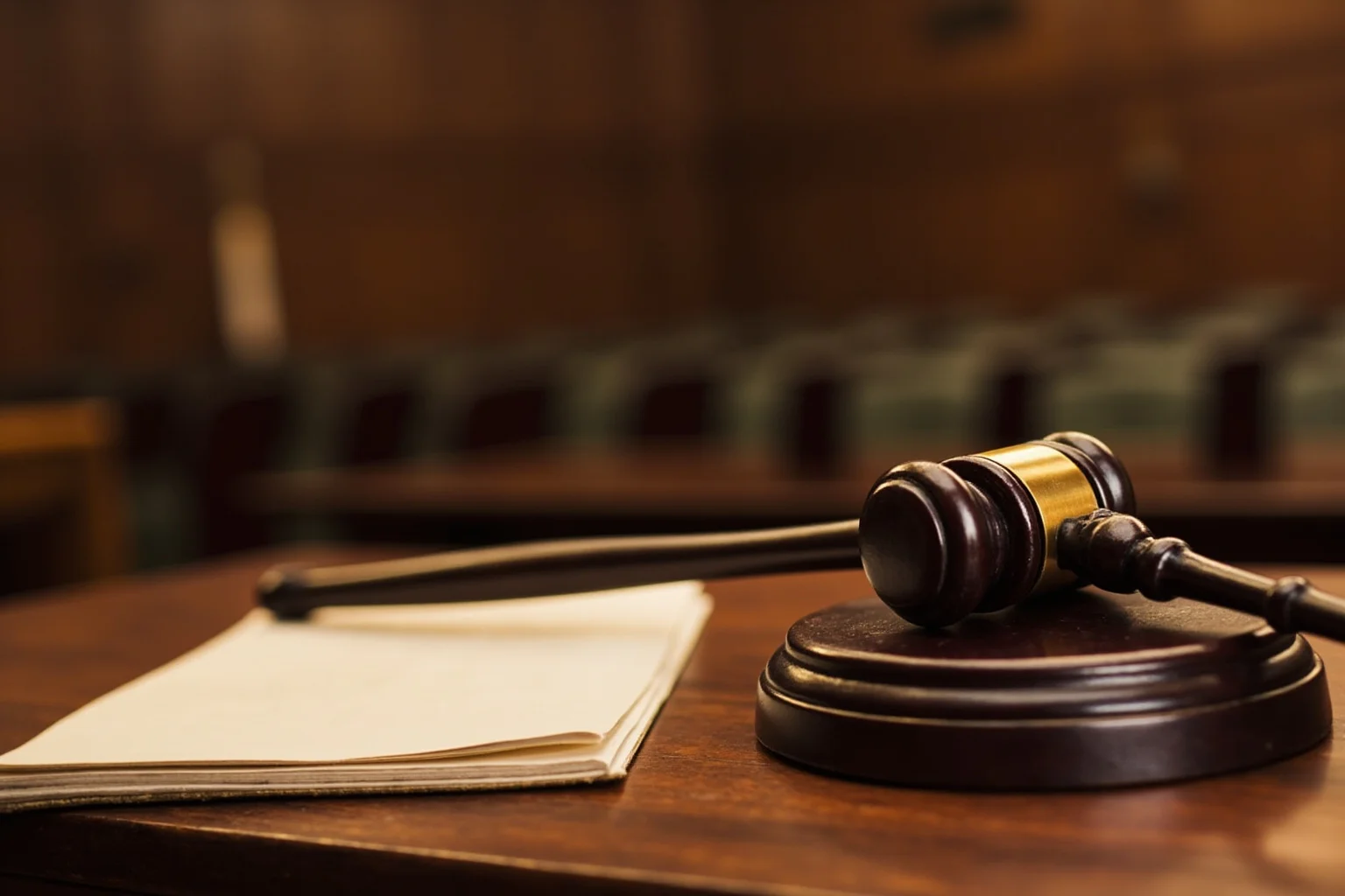 Legendary Cases Involving the Pinkerton Detective Agency 11 A formal 19th-century courtroom or legislative chamber with documents and a gavel, symbolizing new legislation