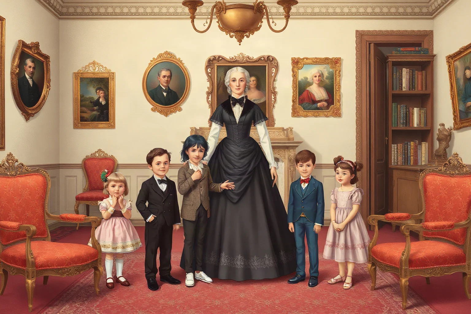 A formal 19th-century family portrait scene of a stepmother and children in a grand parlor, illustrative, non-photorealistic