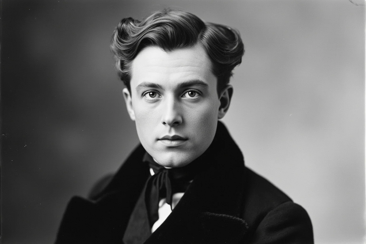 A formal Edwardian-era portrait of a young man with slicked hair and a high collar