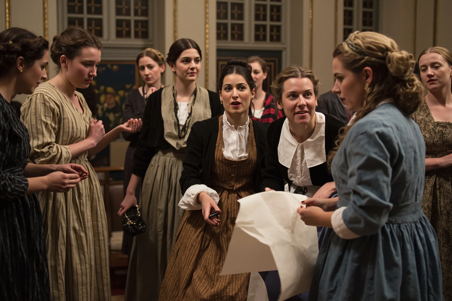 A formal gathering of colonial women in 1770s dress signing a petition or resolution