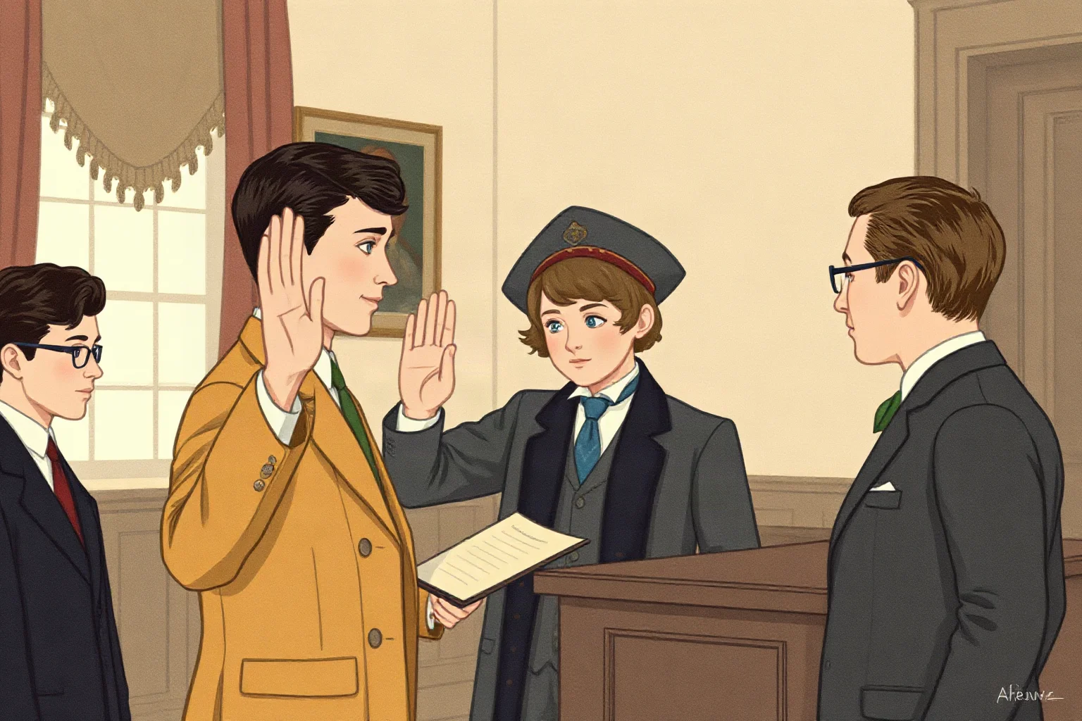 A formal illustration of a young man being sworn into office, hand raised, in an early 1900s government room