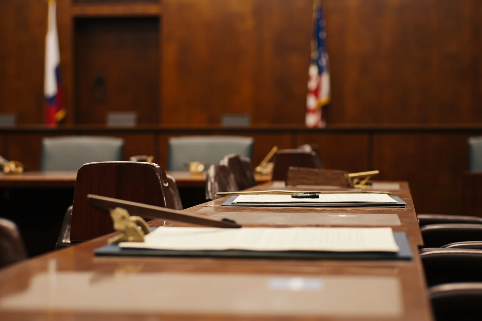 A formal inquiry room with wooden tables, documents, and a gavel, representing a historical government commission of inquiry into a transportation disaster.