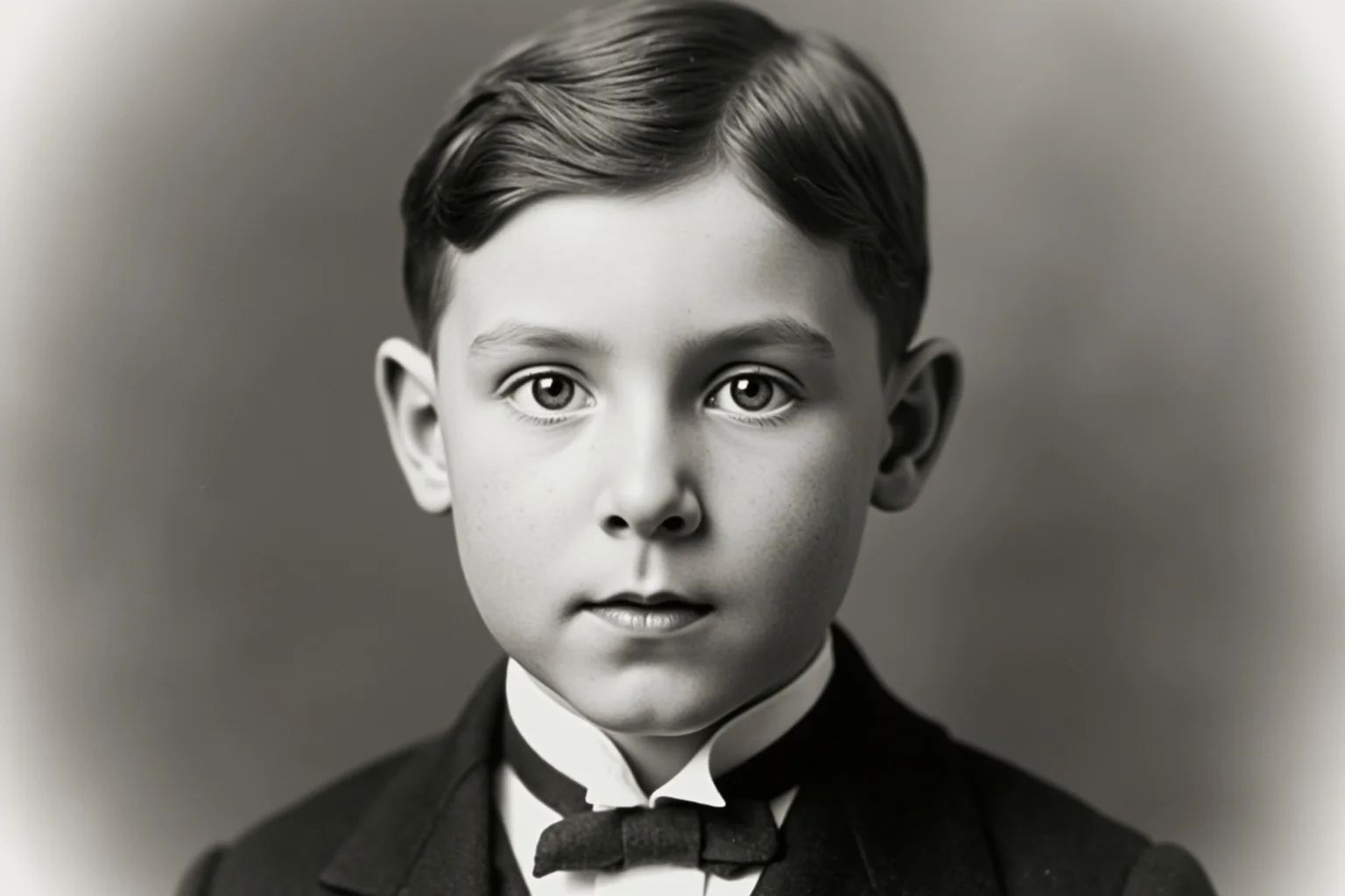 A formal old photograph of a young boy in a stiff Edwardian collar and suit