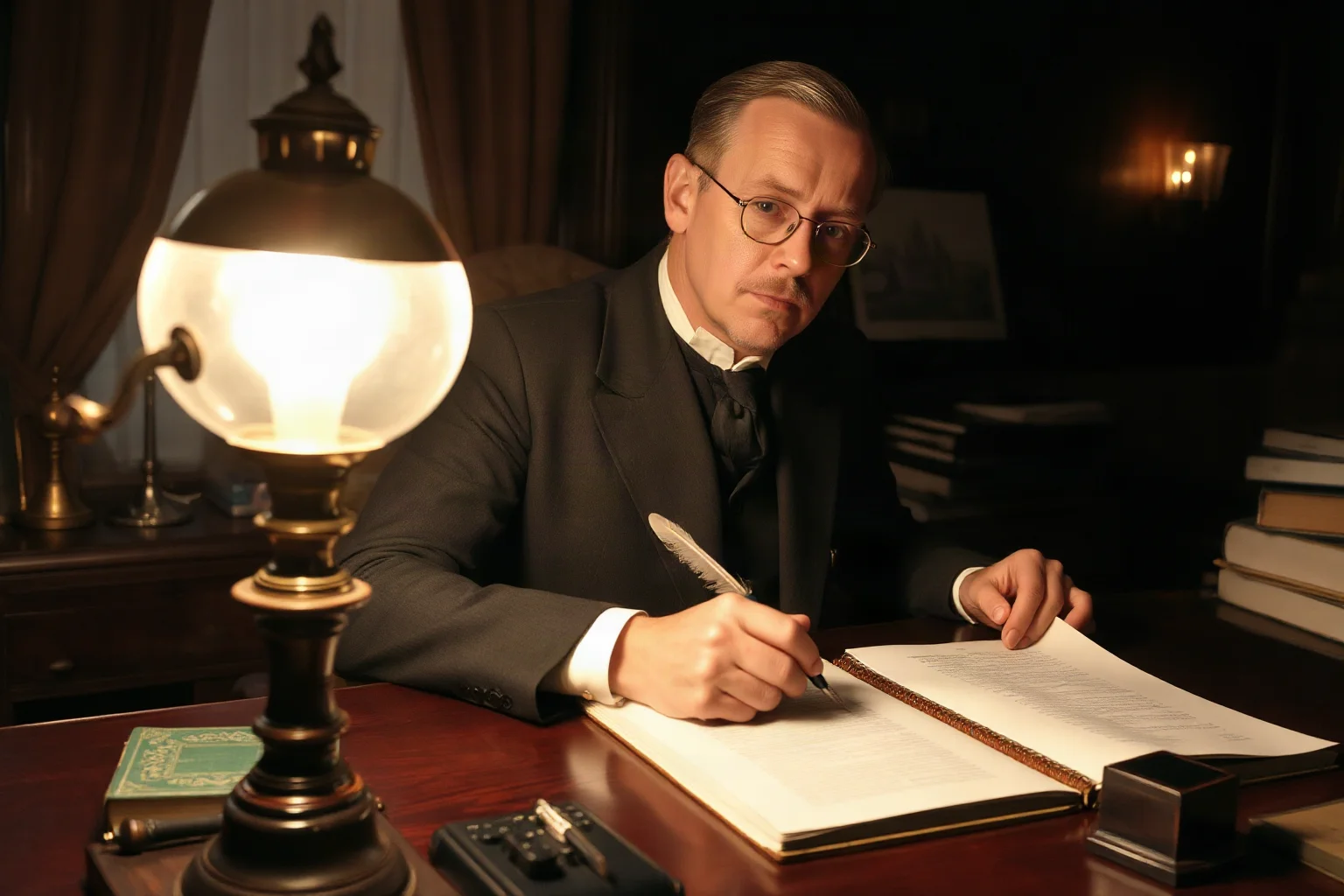 A formal Victorian-era diplomat writing a report by lamplight, papers and a quill on the desk