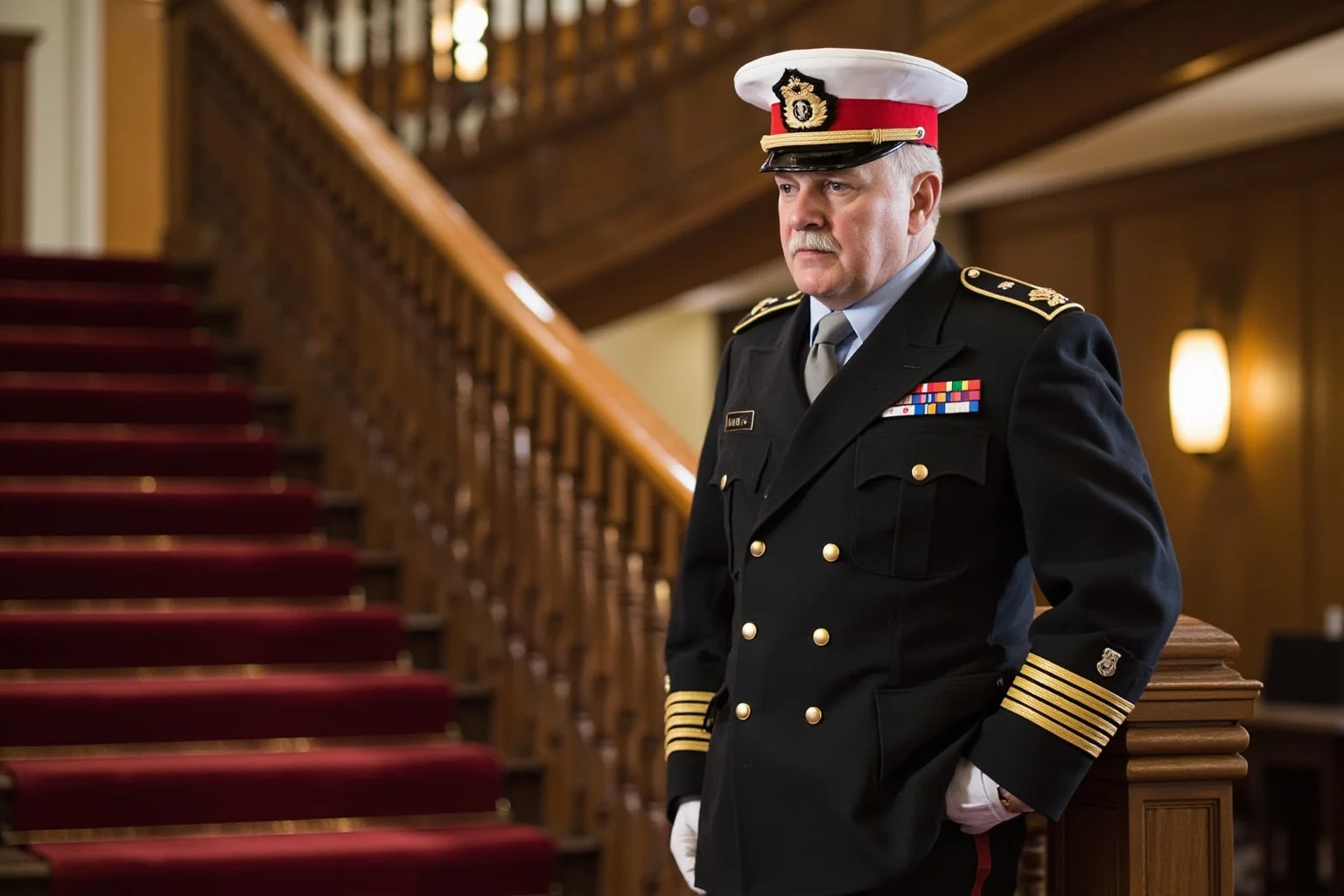 Historical Figures Who Boarded the Titanic — And 10 Who Didn't Survive 23 A formally dressed Edwardian military aide in uniform standing near a grand staircase aboard an ocean liner