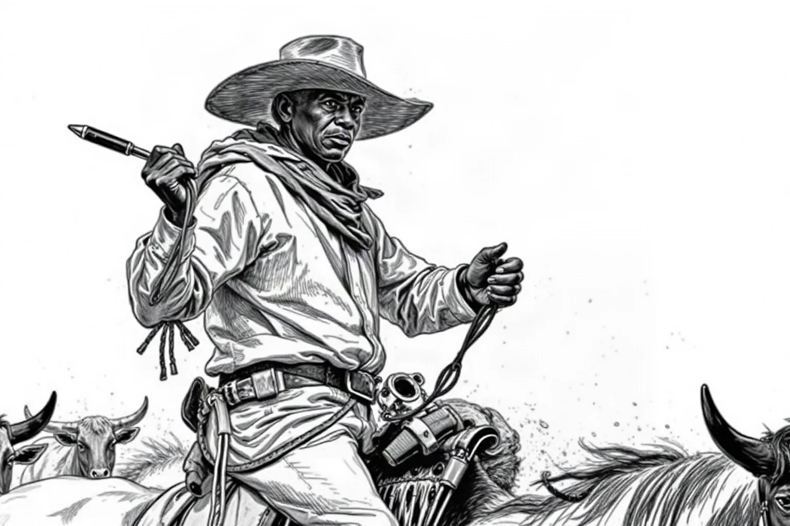 A formerly enslaved cowboy in trail gear roping cattle on the open range, autobiography sketch style