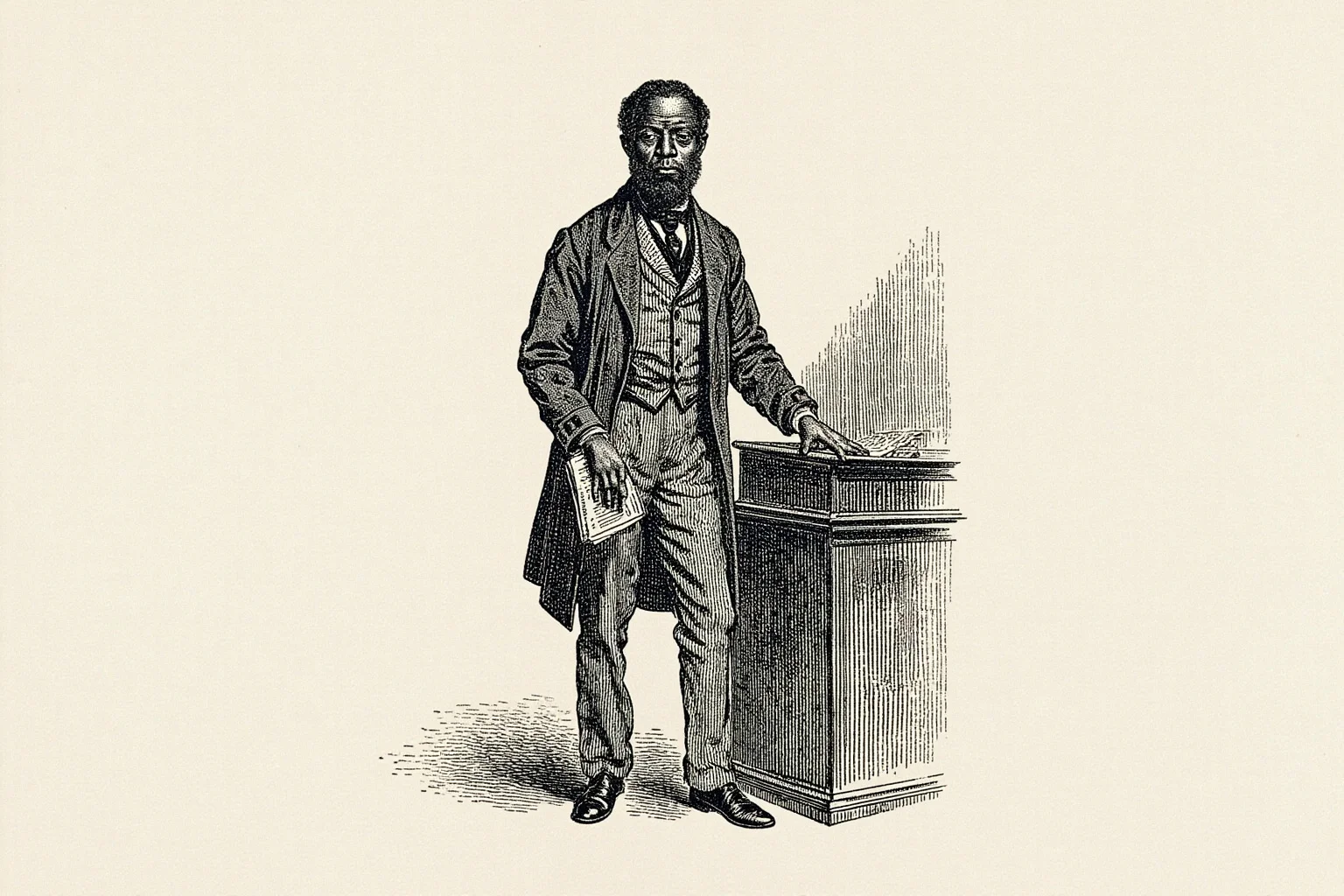 A formerly enslaved man in Victorian-era attire standing confidently at a lectern with a newspaper nearby, illustration style