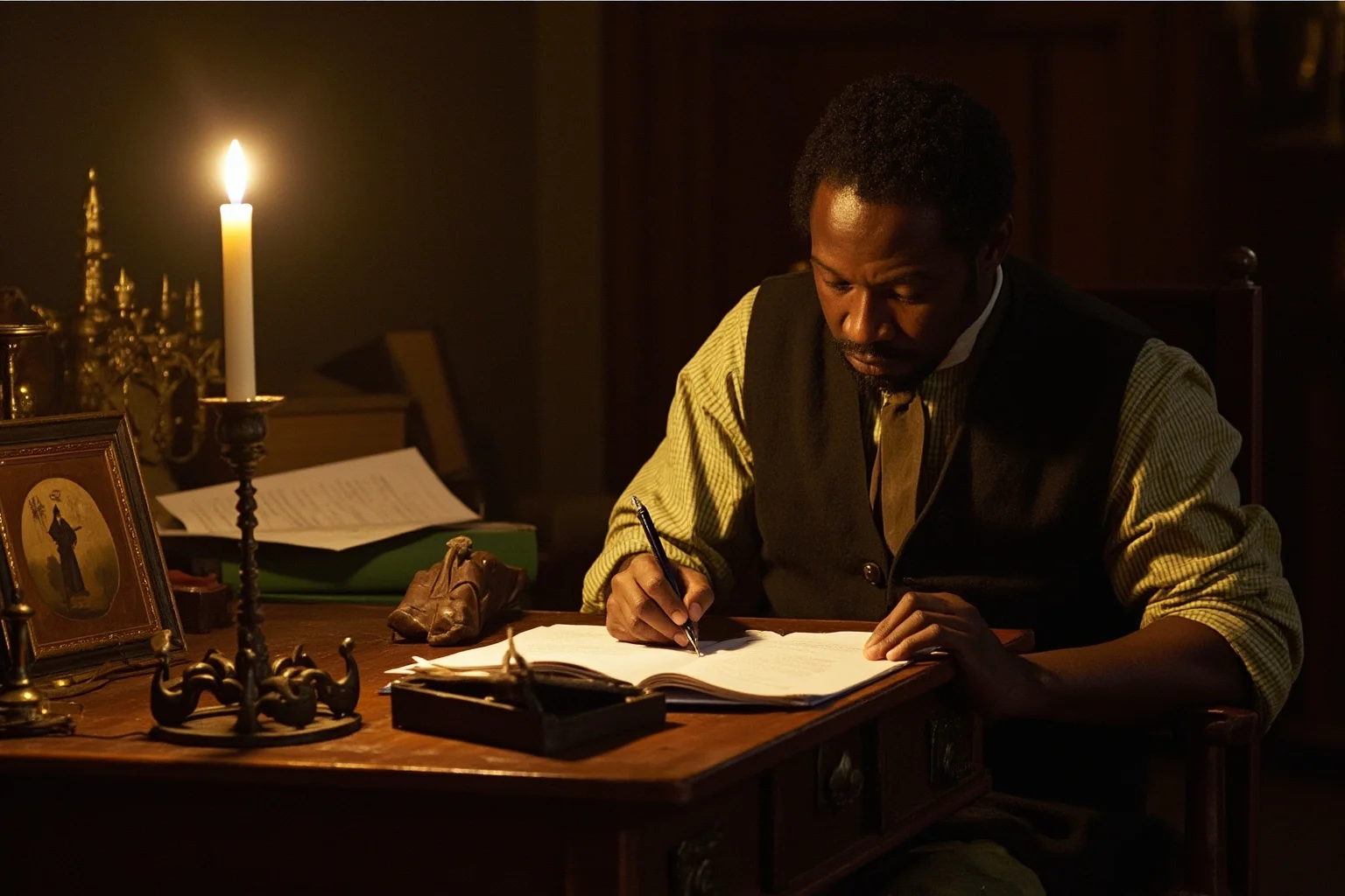 A formerly enslaved man writing at a wooden desk by candlelight, 18th-century abolitionist writer setting, historical illustration