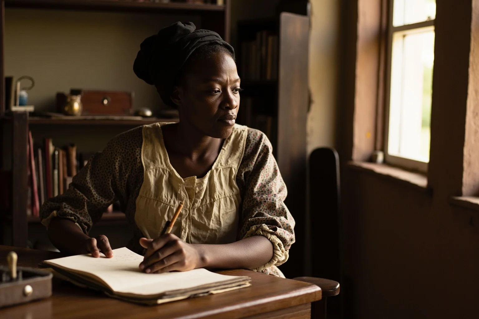 A formerly enslaved woman in colonial dress reading poetry at a writing desk