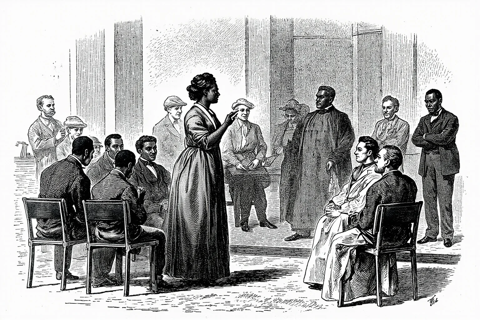 A formerly enslaved woman in plain 19th-century clothing speaking firmly to a seated audience, illustration style