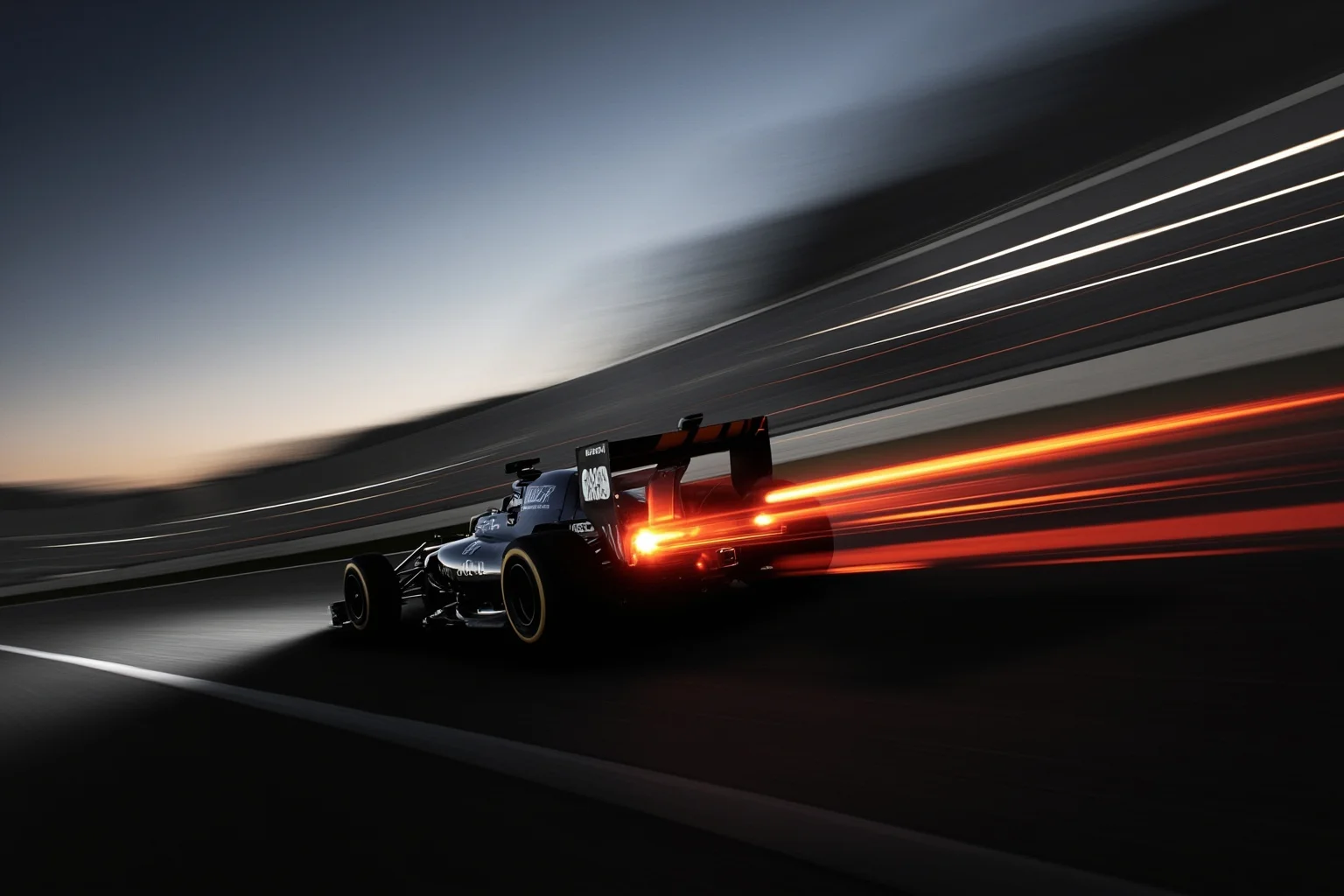 A Formula 1 race car speeding around a track at dusk, motion blur emphasizing a dramatic on-track return, cinematic lighting