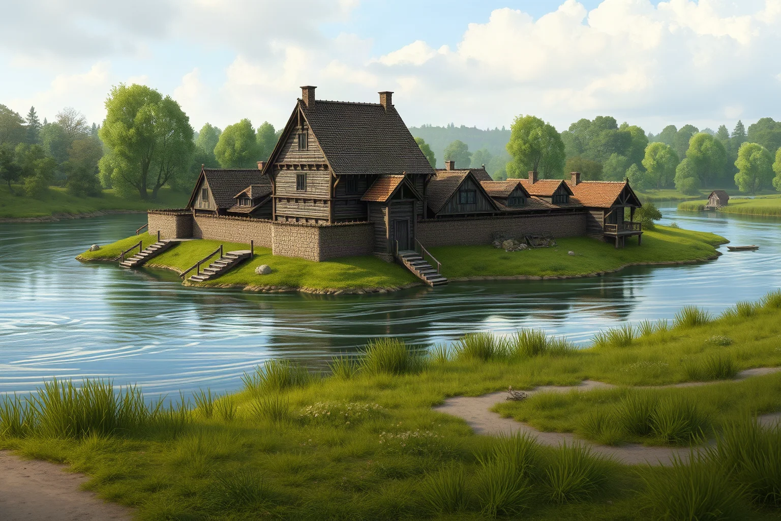 A fortified 17th-century wooden settlement being built beside a great river, illustrated historical style
