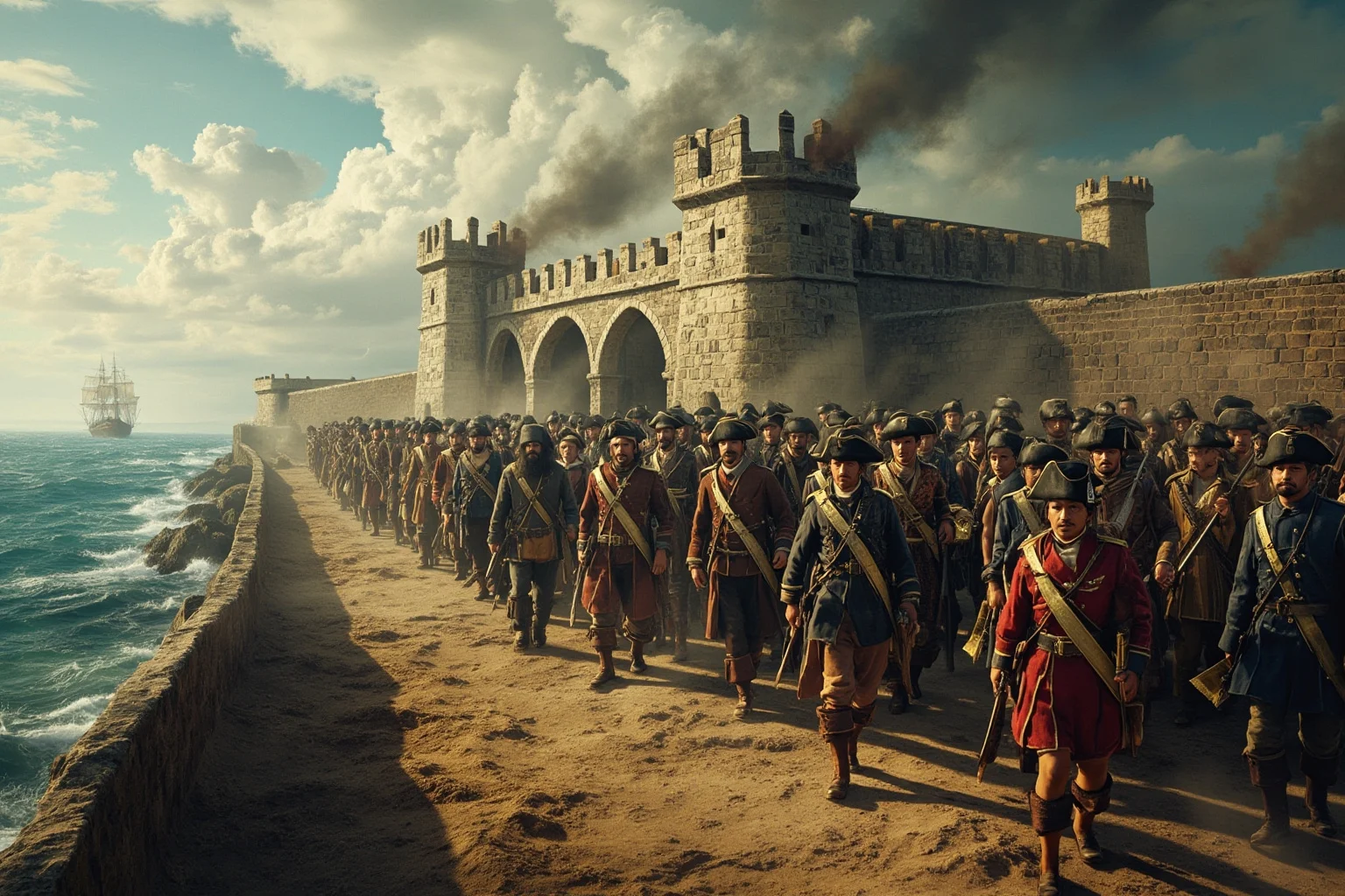 A fortified colonial castle on the African coast with dozens of accused pirates being marched under guard toward trial proceedings