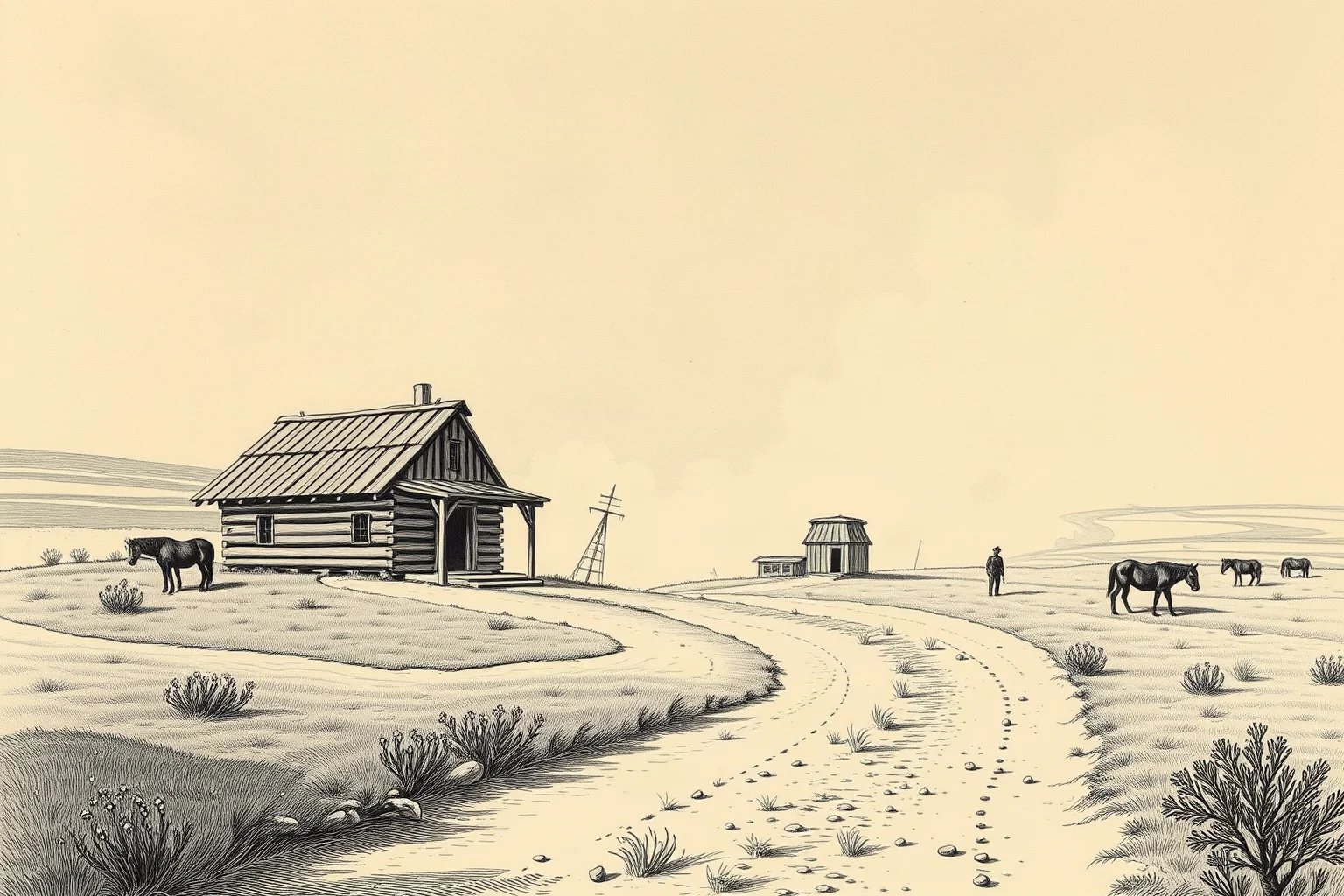 A fortified wooden outpost along a dusty trail in the Great Plains, 1860s historical illustration style