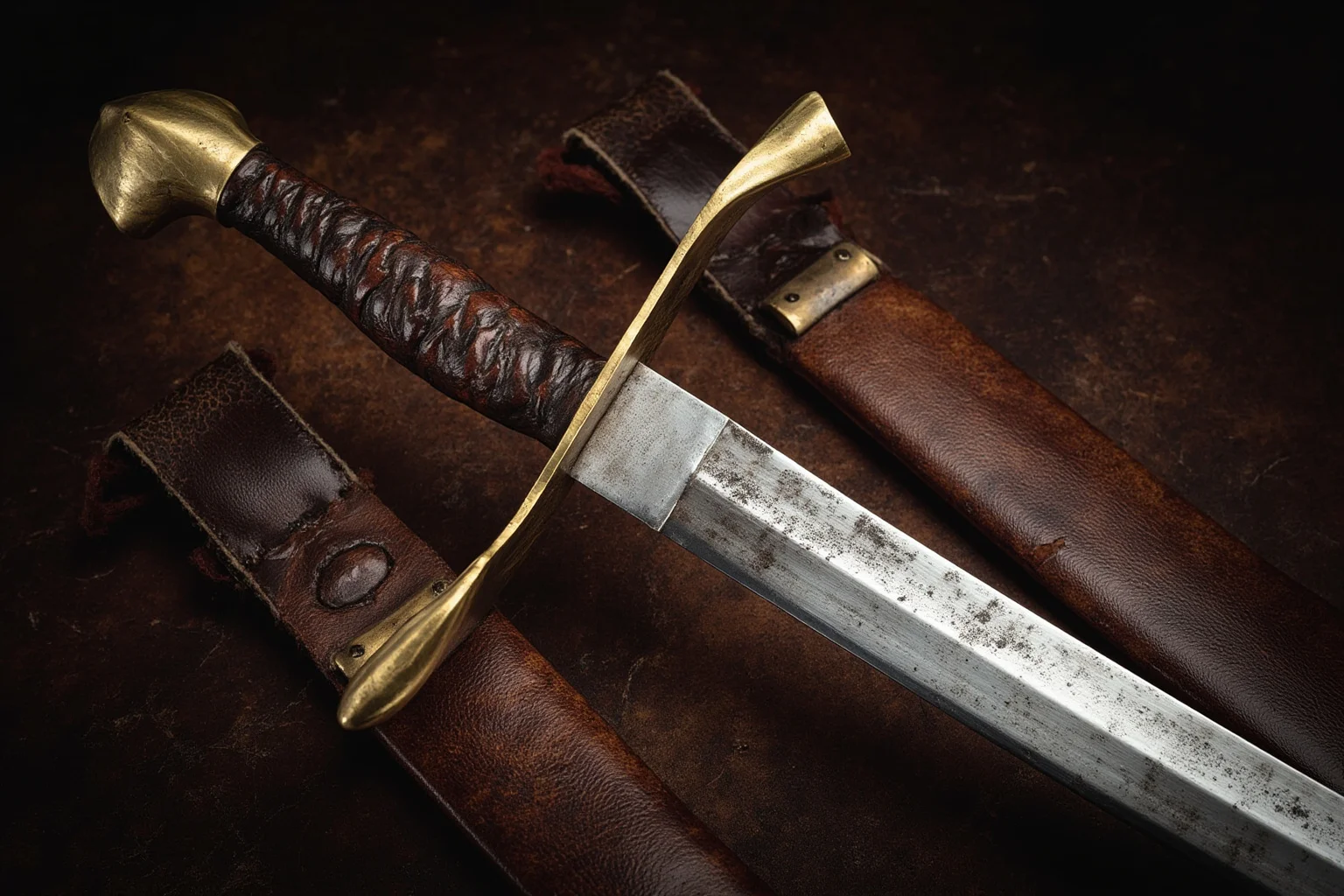 A forward-curving ancient Iberian sword with a distinctive heavy tip, displayed on aged leather