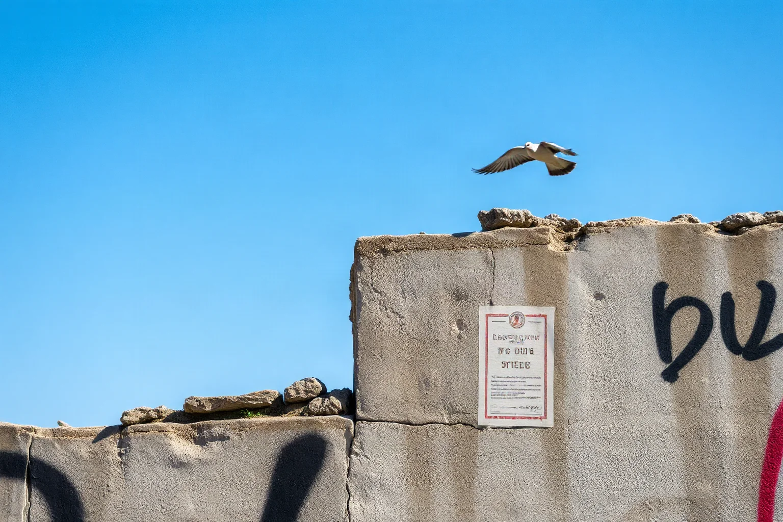 A fragment of a concrete wall with graffiti cracks and a dove flying above it in daylight