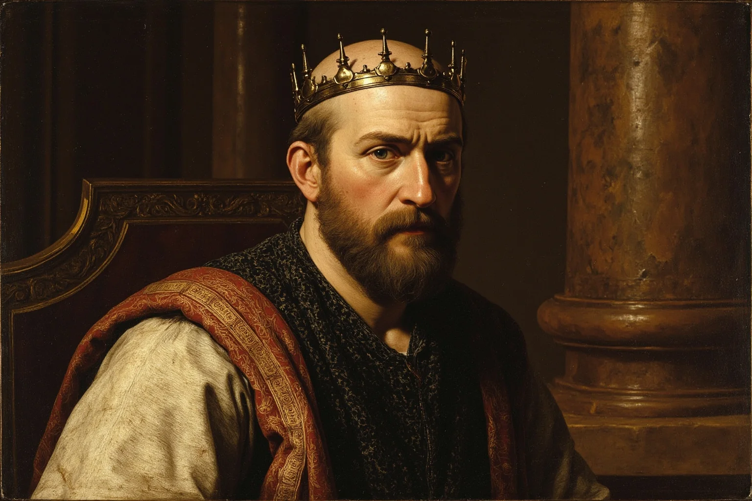 A Frankish king with a notably bare head wearing a simple crown, seated in a medieval great hall, illustrative painting style