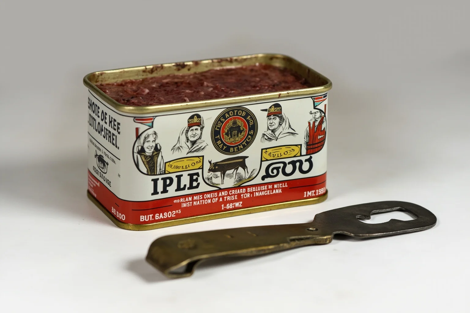 The Evolution of World War 1 Rations: 24 Facts About Food, Trenches, and Rationing 4 A Fray Bentos tin of bully beef with a soldier's tin opener beside it, showing the iconic corned beef can from World War 1