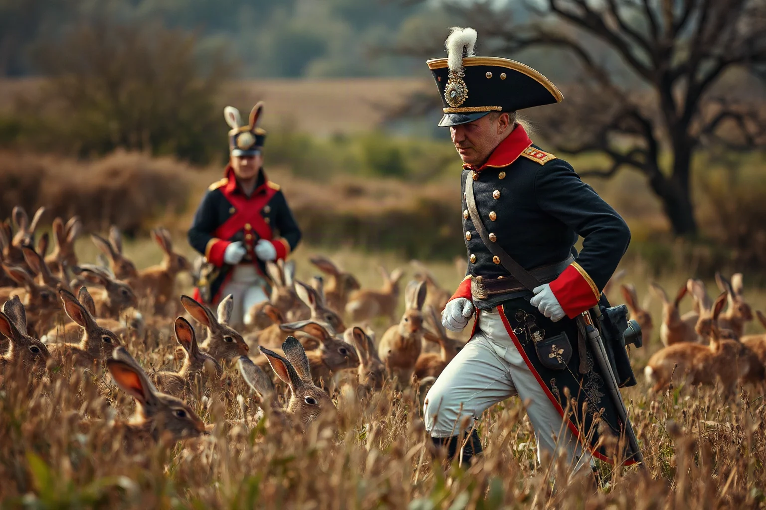 A French general in an early 1800s military uniform startled by a swarm of rabbits in a countryside field