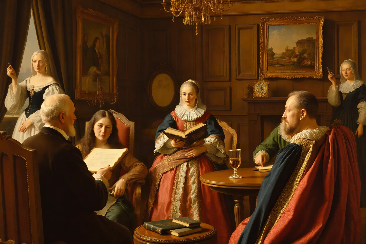 A French noblewoman in Renaissance court dress hosting a gathering of scholars and writers in an intellectual salon setting