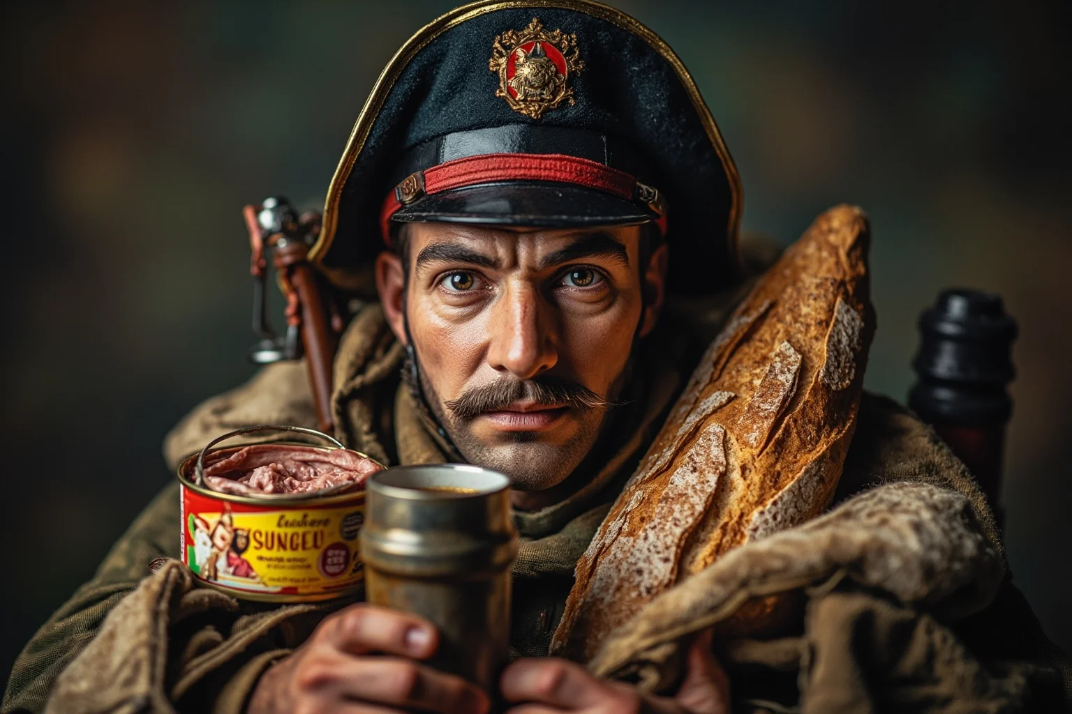 The Evolution of World War 1 Rations: 24 Facts About Food, Trenches, and Rationing 13 A French poilu soldier with a tin of 'singe' (tinned meat), bread, and a mug of coffee or wine