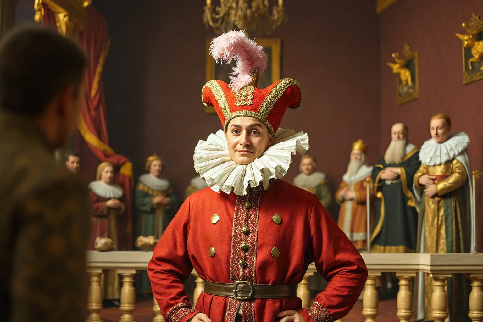 A French Renaissance court jester with a feathered cap standing boldly before a nervous royal court