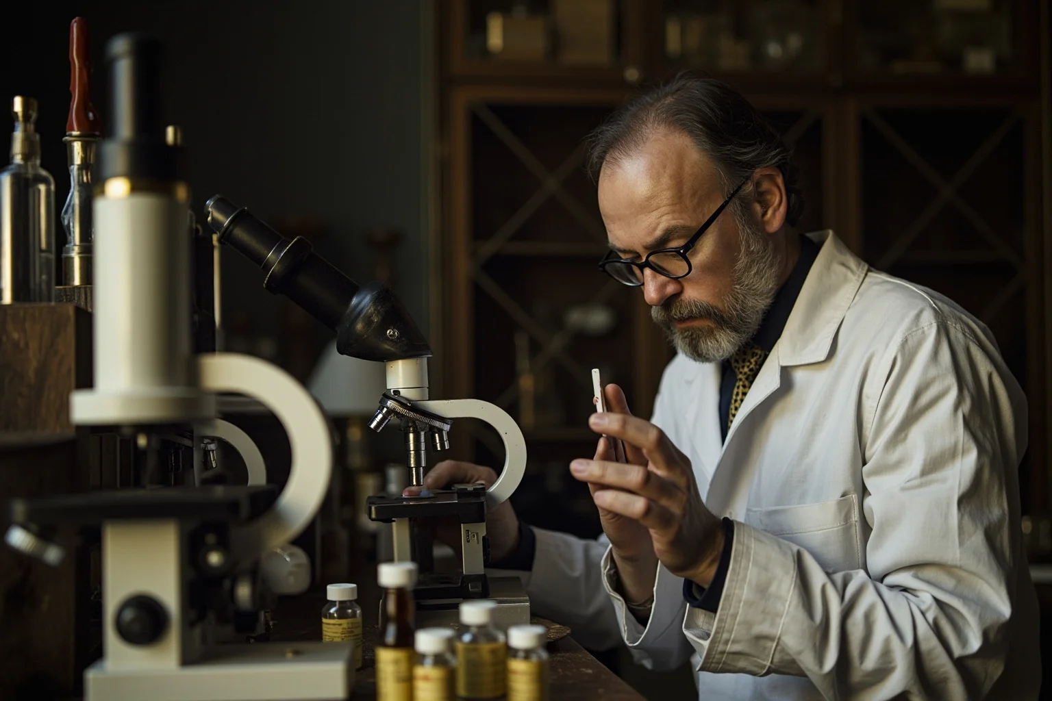 25 Greatest Historical Figures of the Victorian Era 26 A French scientist in 19th century laboratory coat examining microscopes and vaccine bottles with scientific precision