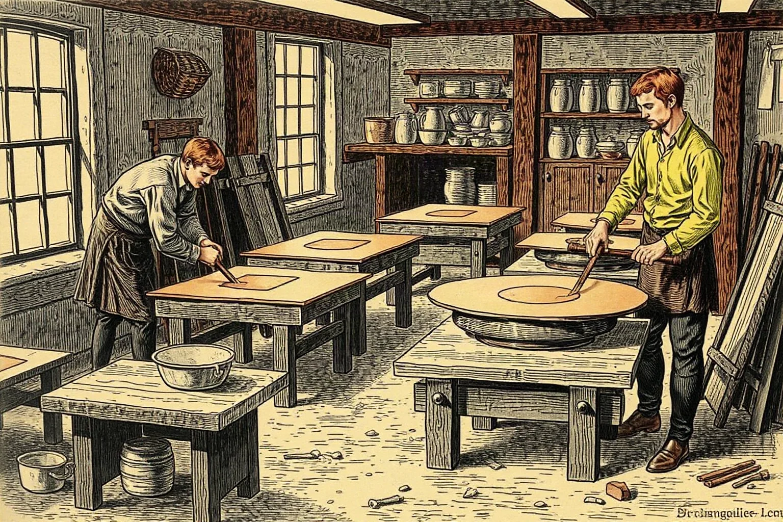 A French workshop scene with craftsmen hammering copper sheets over wooden molds, historical illustration