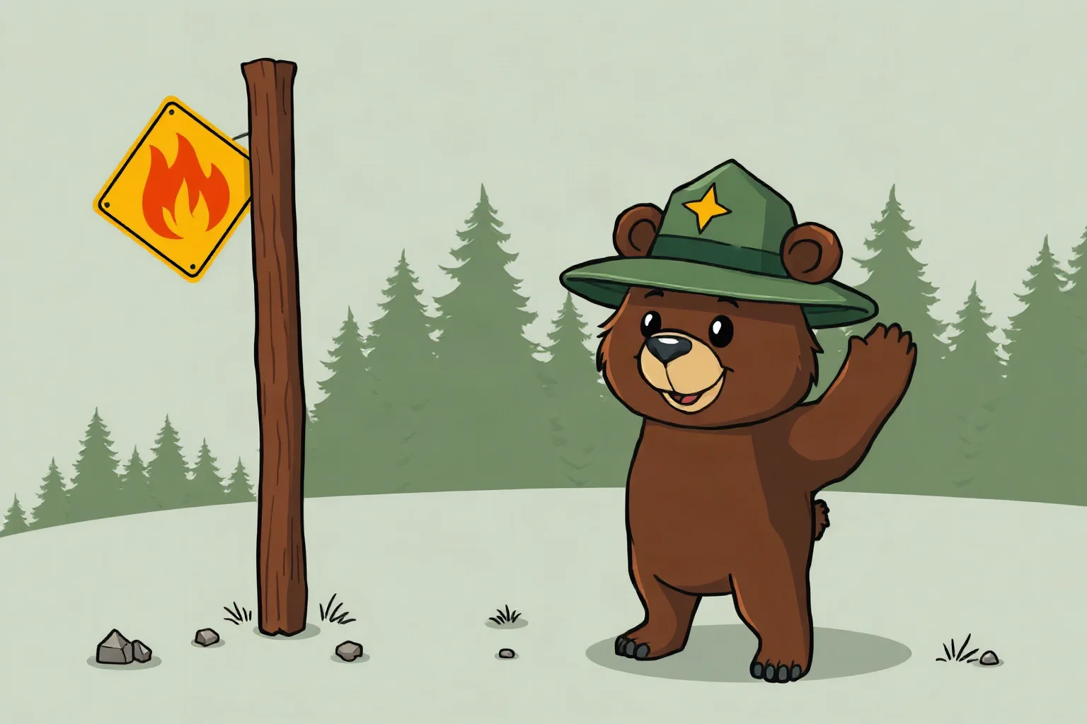 A friendly cartoon bear in a forest ranger hat standing beside a wildfire warning sign, classic poster style
