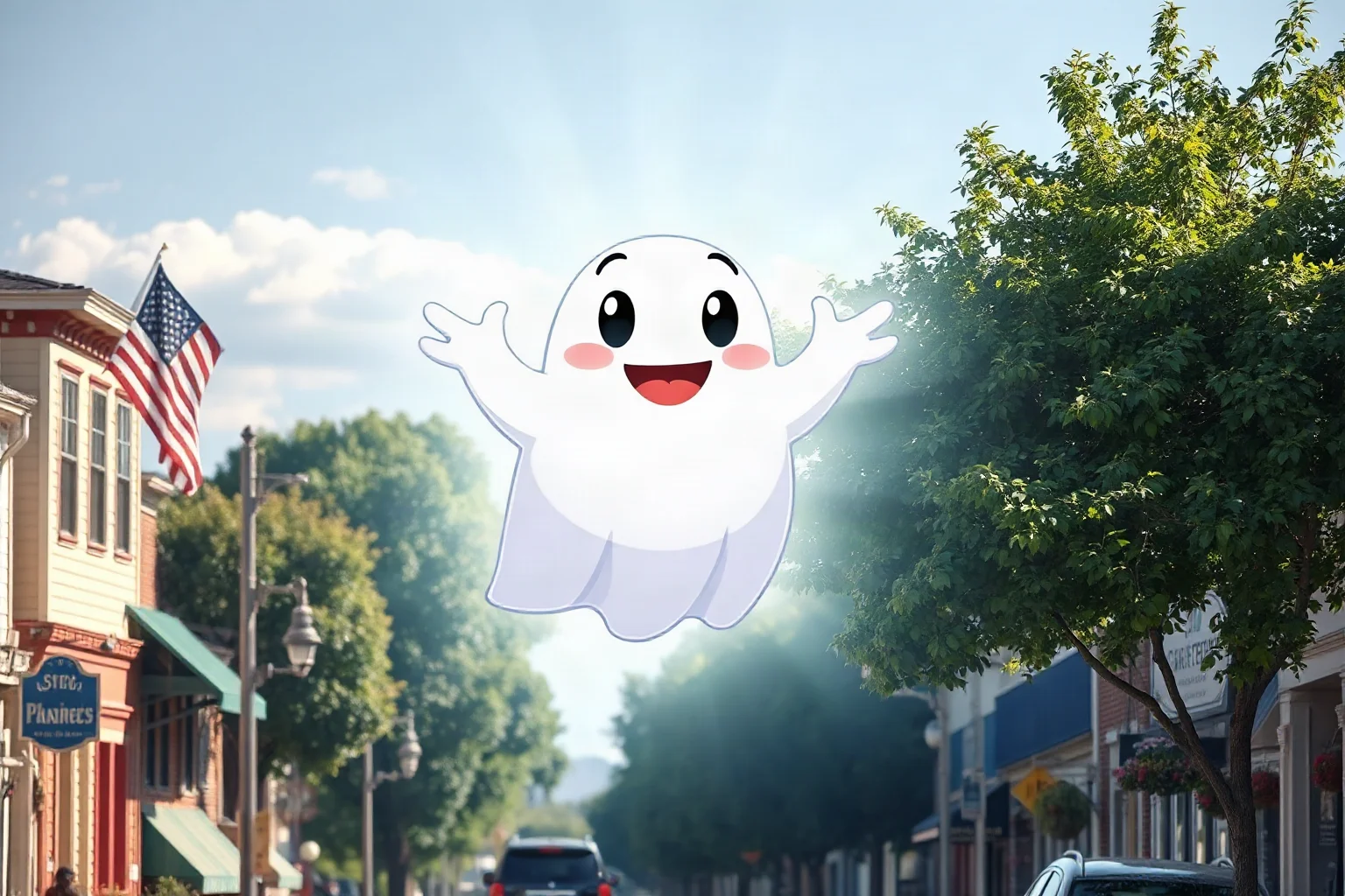 A friendly, round, glowing white cartoon-style ghost floating cheerfully above a sunny small-town street