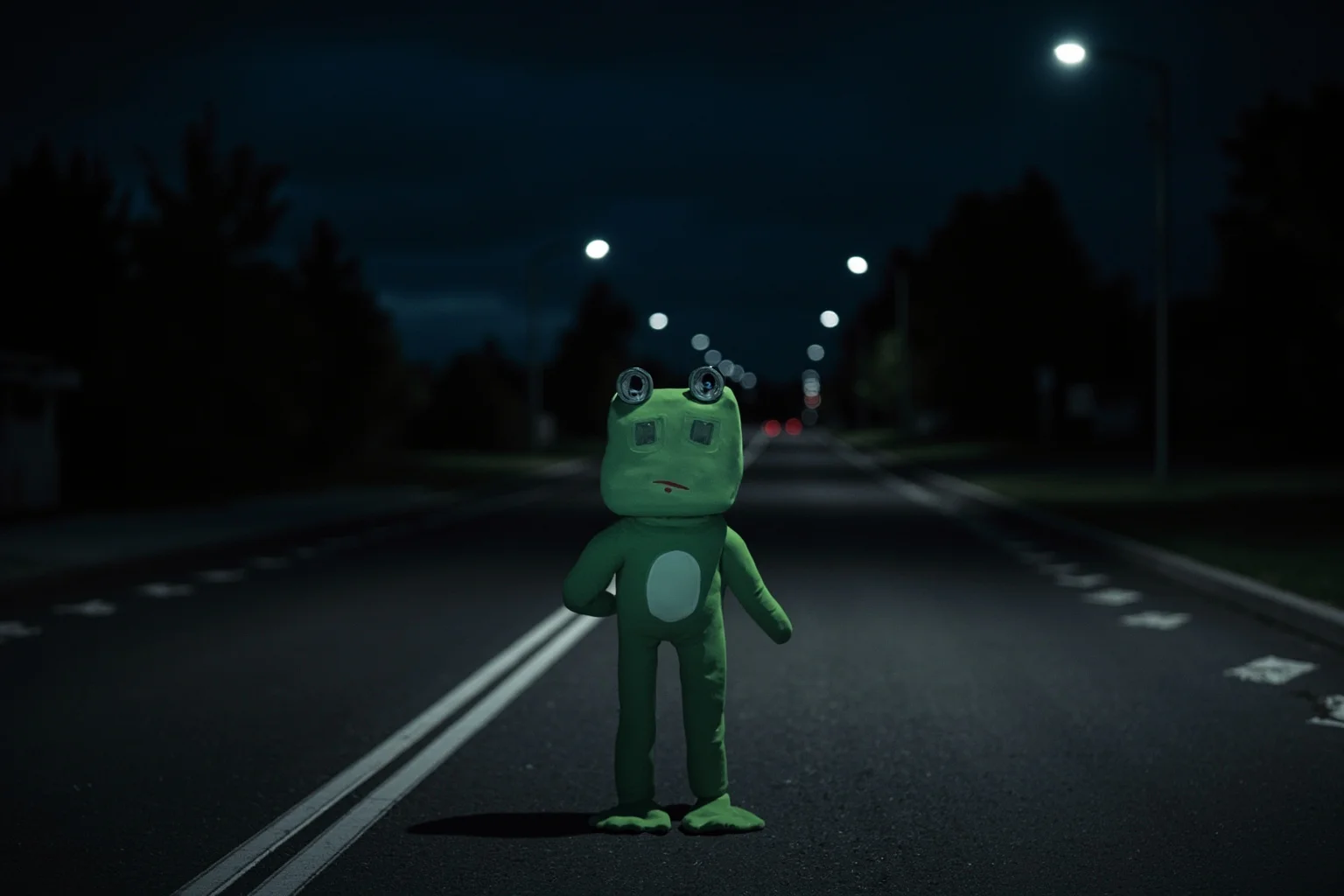 Famous Cryptids: 10 You Know and 16 Wild Ones You Probably Don't 8 A frog-like humanoid figure standing upright on a quiet suburban road at night