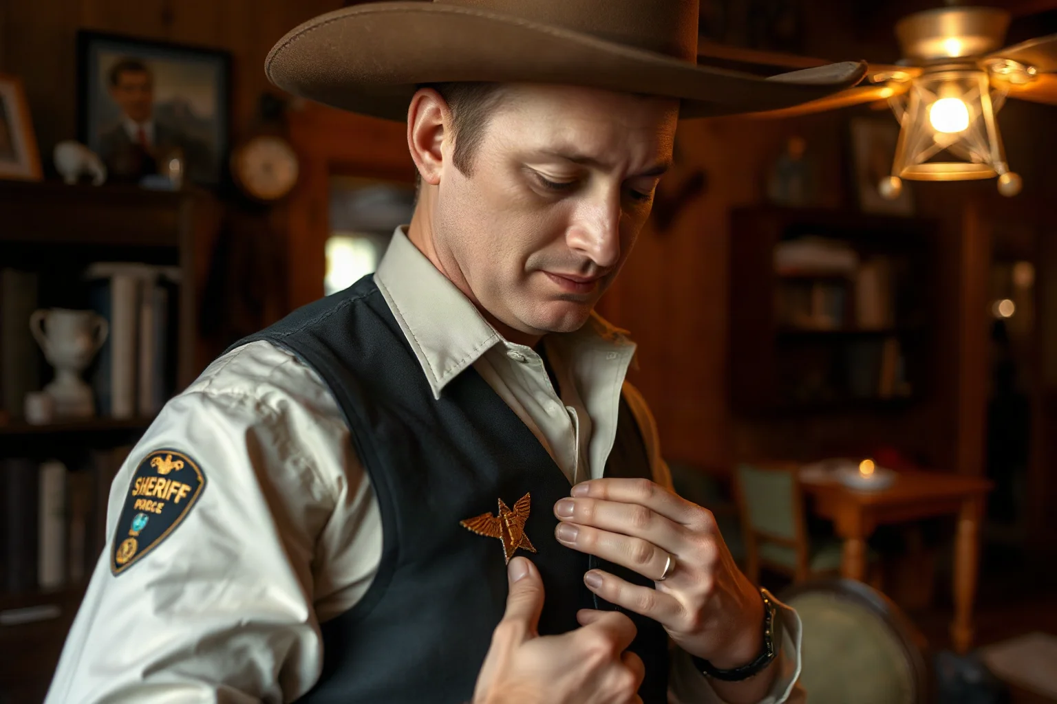 A frontier deputy pinning a badge to his vest inside a dimly lit wooden sheriff's office