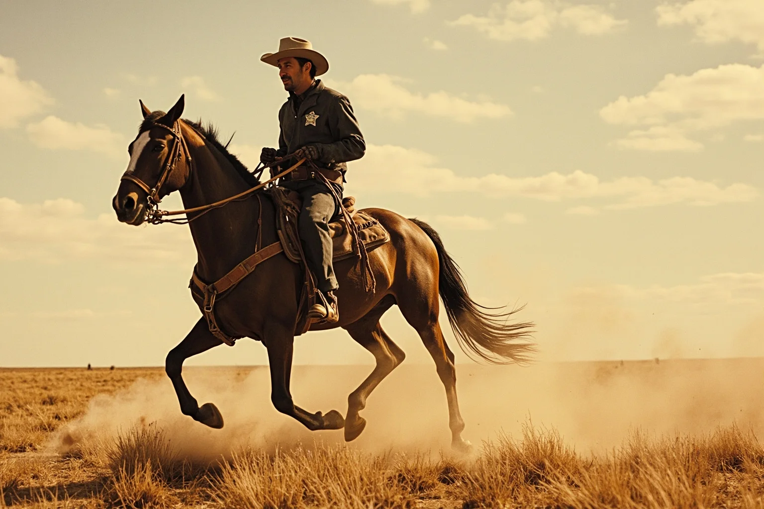 A frontier lawman on horseback riding through dusty American plains, wearing a badge, historical illustration