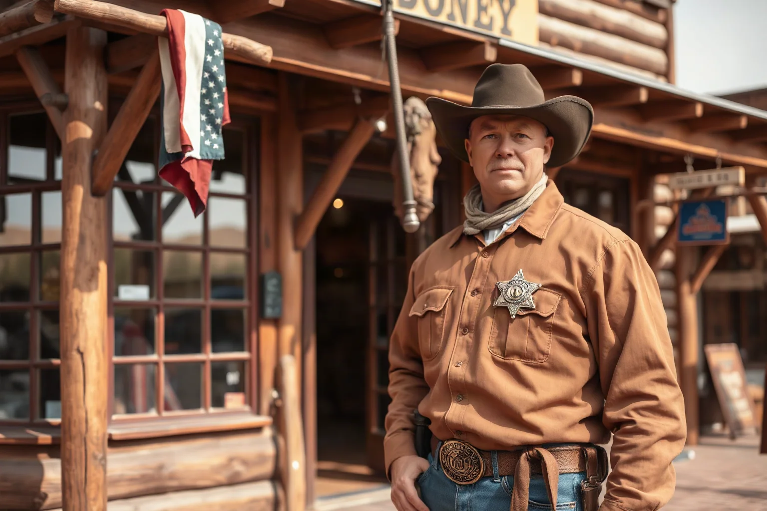 A frontier lawman with a badge standing outside a wooden Western storefront