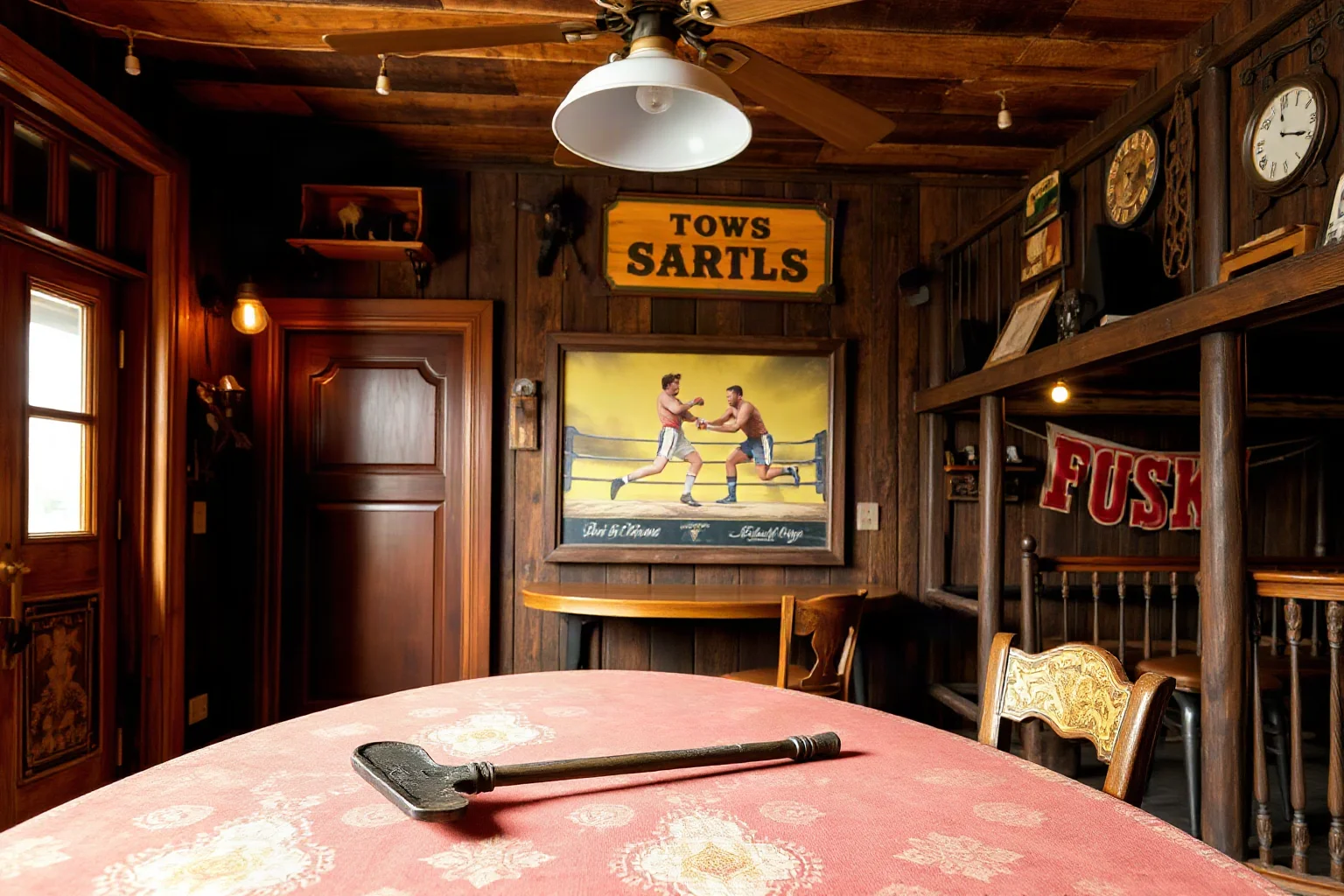 A frontier saloon interior showing a card table, a mining pick, and a boxing ring poster on the wall