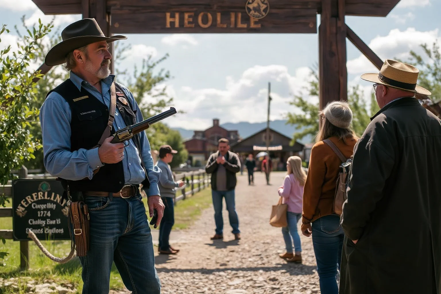 A frontier town sheriff collecting holstered revolvers from visitors at a town entrance sign
